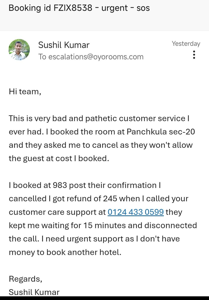 kumarss8's tweet photo. @OYO4U Neither I received any calls nor email, despite requesting via emails and calls now I'm going to send an email to @forum_consumer https://t.co/L5rPxwefAj