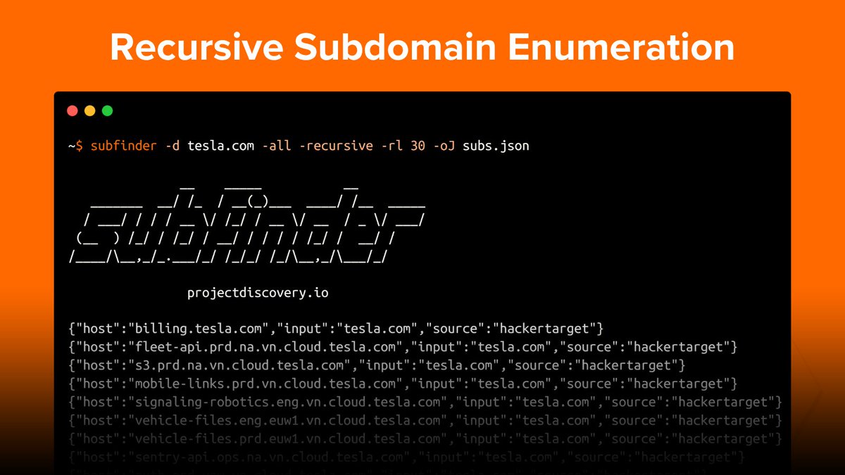 Bugcrowd's tweet photo. Hacking tip! 🐝

Most beginner hunters just run subfinder with just the domain as input. 

Add the -recursive flag to force only recursive-capable sources (like https://t.co/GHPwUbcF6U, Censys) to go deeper. Combined with rate limiting, you avoid API bans while increasing your coverage.

👇