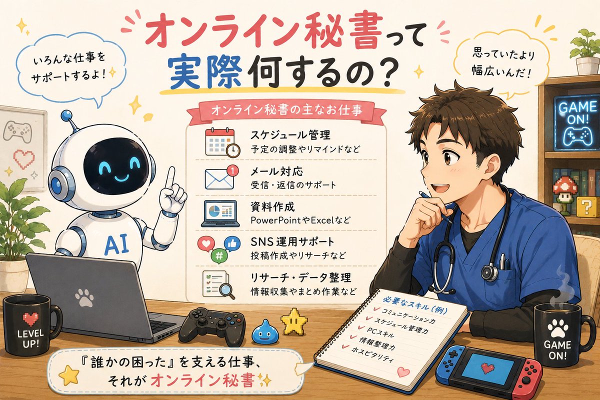 Ken_secretaryAI's tweet photo. 「オンライン秘書って何をする仕事なんですか？」

ありがたいことに、この質問をいただくことがあります😊

実は、オンライン秘書の仕事は一つではありません。

例えば…

✔ スケジュール管理
✔ メール対応
✔ 資料作成
✔ SNS運用サポート
✔ リサーチやデータ整理 https://t.co/c9SpzDBcTy