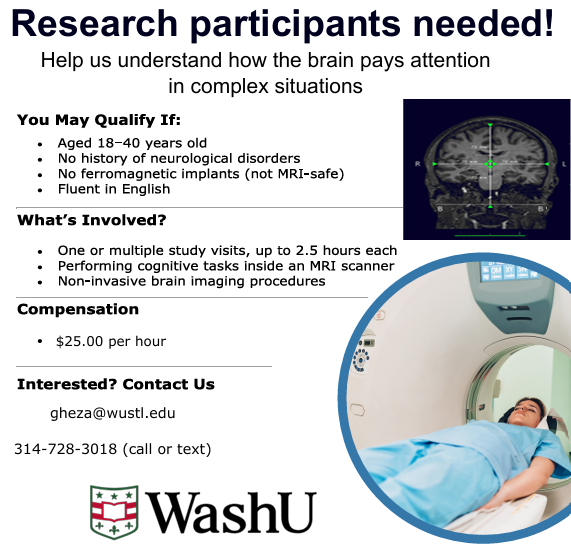 WashUVFH's tweet photo. A #WashU #research study seeks #participants, 18 to 40 years of age! The purpose of the study is to understand how participants control the allocation of their attention. There will be 2 study visits. Compensation is provided. Contact gheza@wustl.edu or (314) 728-3018. https://t.co/PPqXtaqiIj