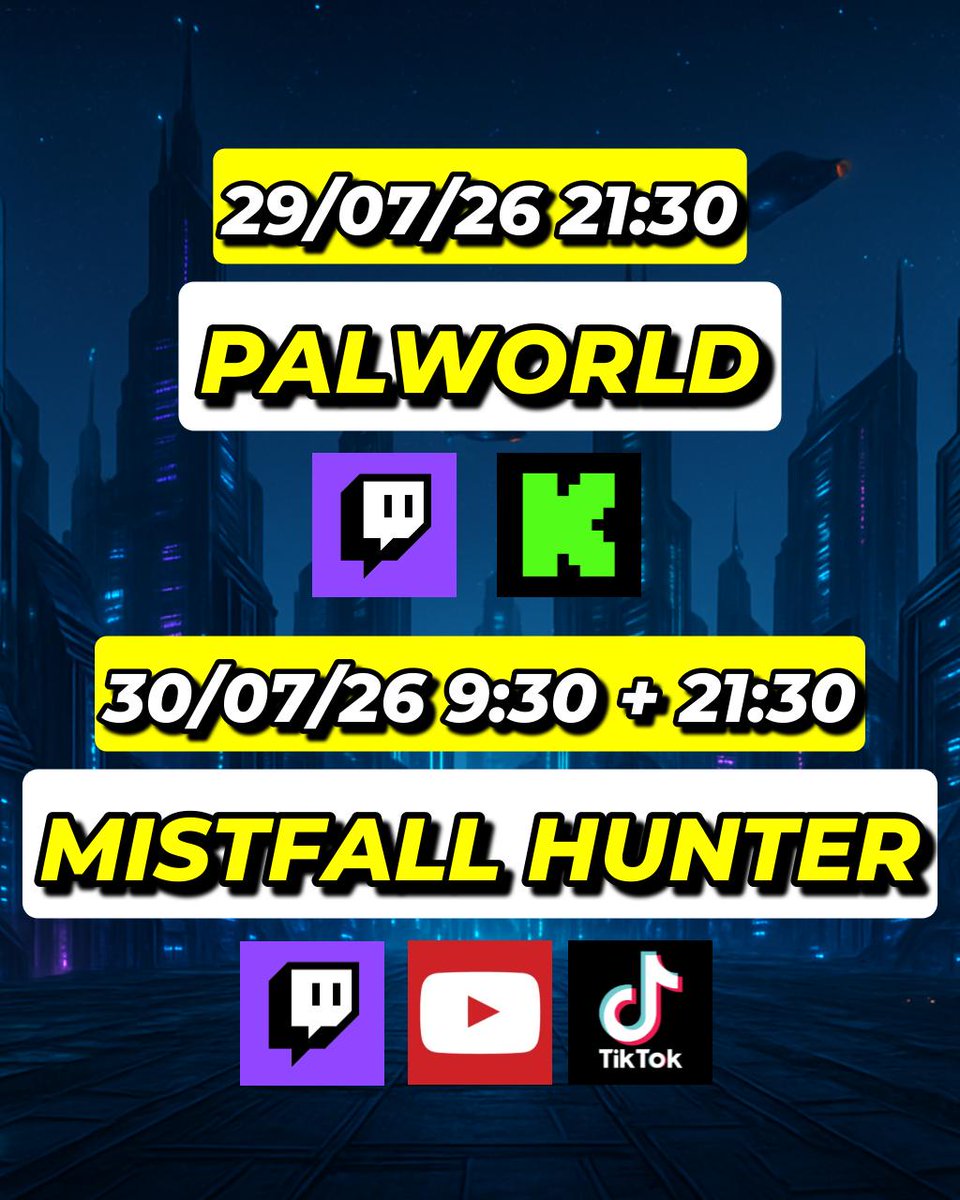 MadaoReno's tweet photo. PROGRAMMAZIONE LIVE PALWORLD e MISTFALL HUNTER #twitch #youtube #tiktok #kick https://t.co/29RfdZK7z1