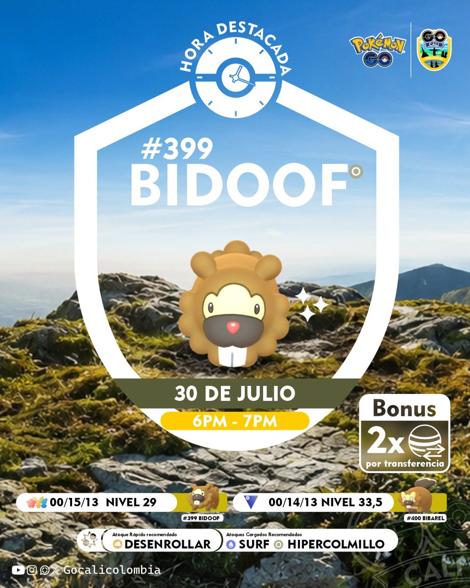 GoCaliColombia's tweet photo. 🙌🏽 El semidios #Bidoof 🙌🏽 es el protagonista de la #HoraDestacada en #PokémonGo! 💥
📅 Jueves, 3️⃣0️⃣ de julio de 6pm a 7pm
✨ Bonus de Doble 🍬 por transferencia
#juegaencomunidad #gocalicolombia #infografiapokemon #spotlighthour https://t.co/eo220gkFuH
