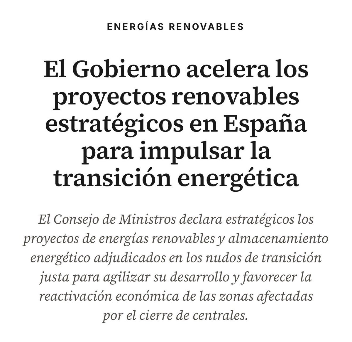 gisbert_ruben's tweet photo. ¡TACHÁN!

EL GOBIERNO ACABA DE APROBAR EN CONSEJO DE MINISTROS ESTRATÉGICOS LOS PLANES DE ENERGÍA RENOVABLE QUE INCLUYEN GRANDES PARQUES FOTOVOLTÁICOS.

PD: cuando se declara estratégico, se acoge a la excepción del artículo 50 de la ley de montes por la cual si se pueden colocar en tierra quemada, mañana mismo.
