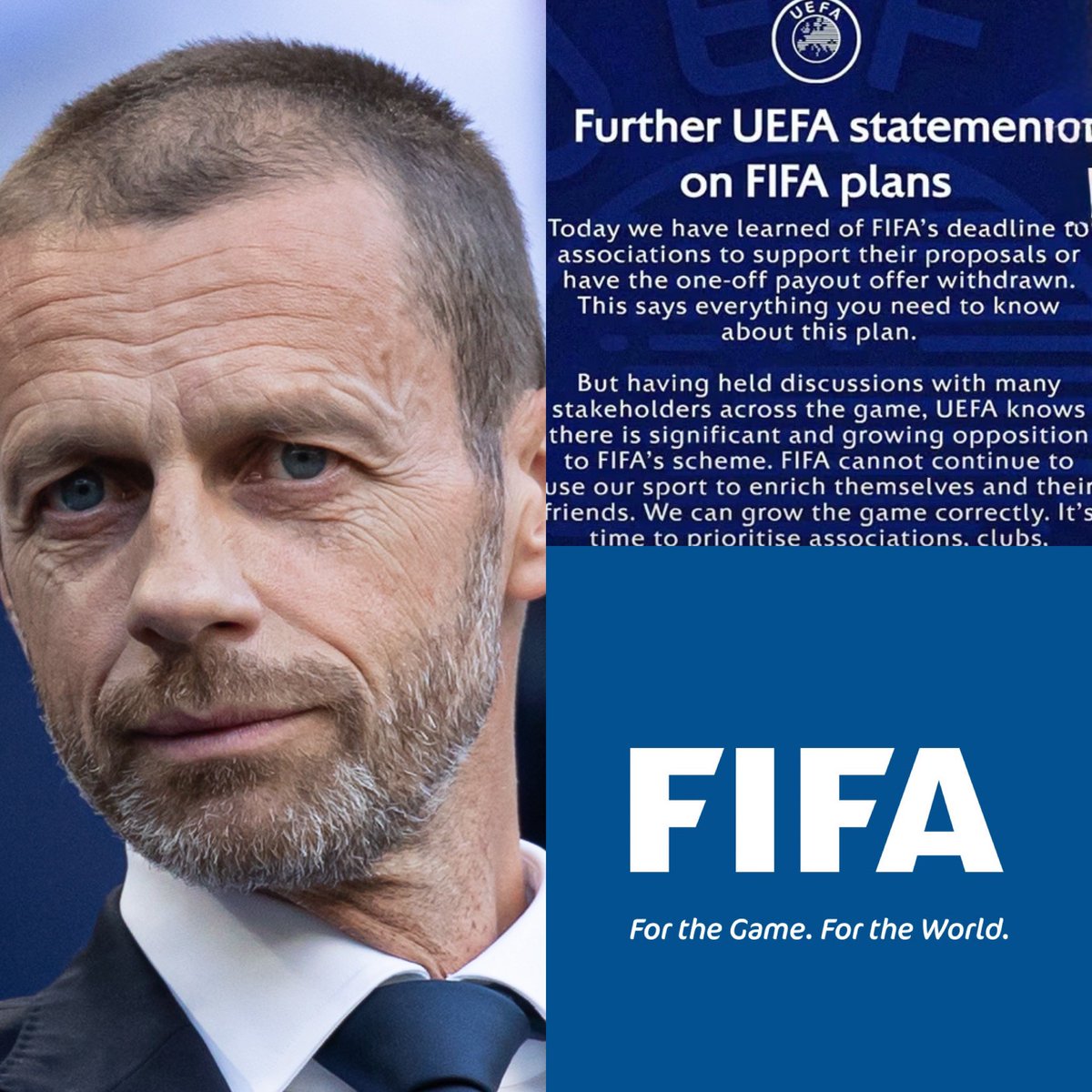 MotivacionesF's tweet photo. ¡LA UEFA ESTALLA CONTRA LA FIFA! 😳⚽️

⚠️ La UEFA denunció que la FIFA dio un ultimátum a las federaciones: apoyar su proyecto o quedarse sin el pago único ofrecido.

🗣️ “La FIFA no puede seguir utilizando nuestro deporte para enriquecerse a sí misma y a sus amigos”.

⛔️ Además, aseguró que la oposición al proyecto es cada vez mayor y ya cuenta con un respaldo “significativo y creciente”.