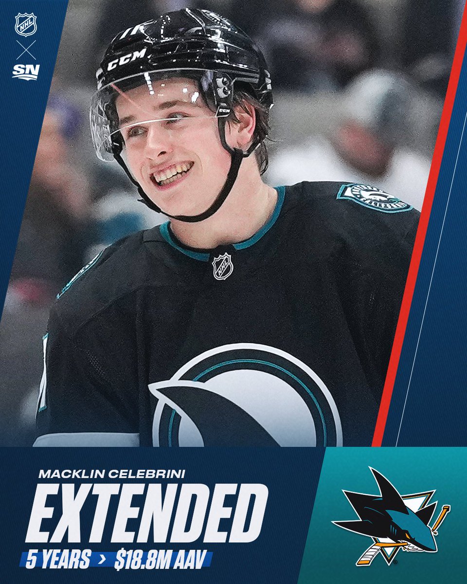 Sportsnet's tweet photo. MACK IS LOCKED IN 🔒

The Sharks have signed Macklin Celebrini to a five-year, $94M extension, the team announced 🦈 https://t.co/GZr1g4gjsg
