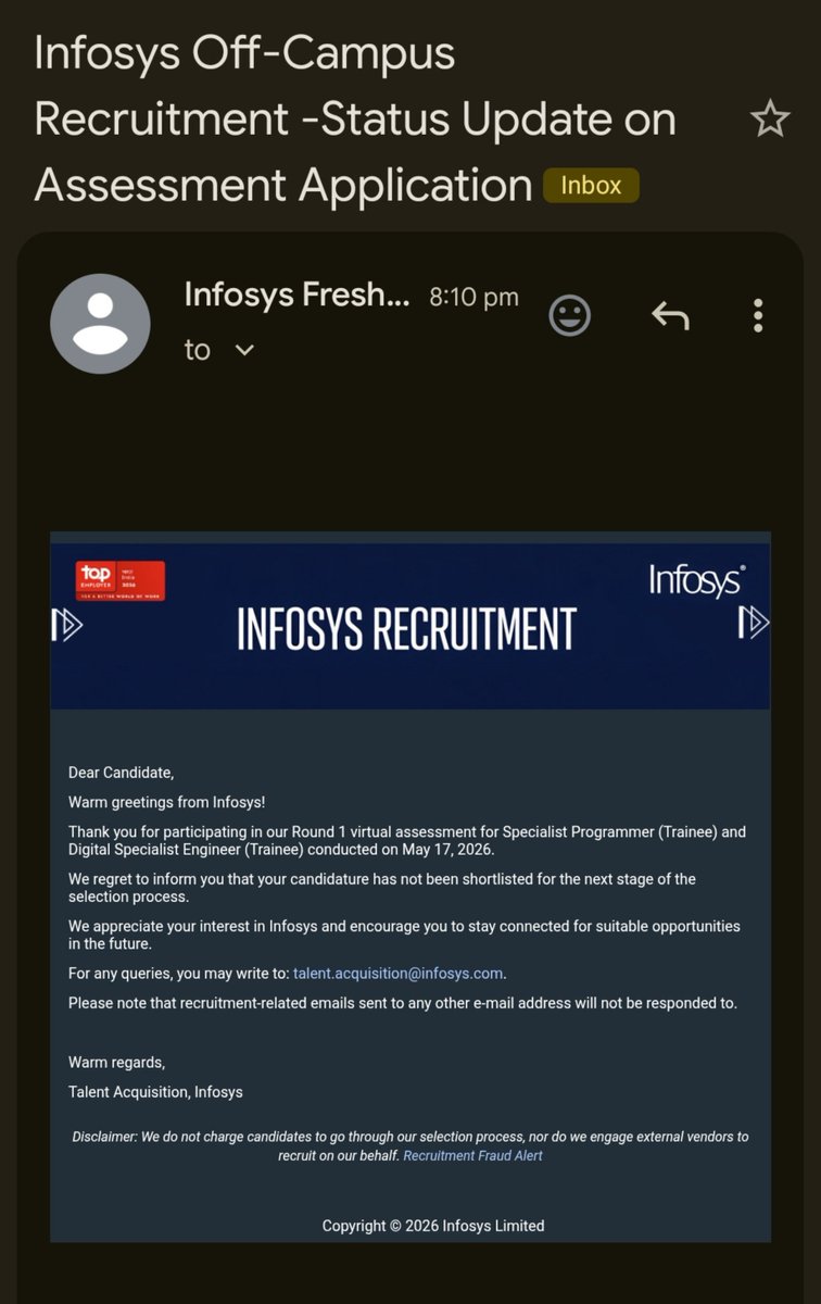 lonelycoder1905's tweet photo. I got rejected in Infosys sp/dse Round-1

I have no words https://t.co/hdRY13HWCN