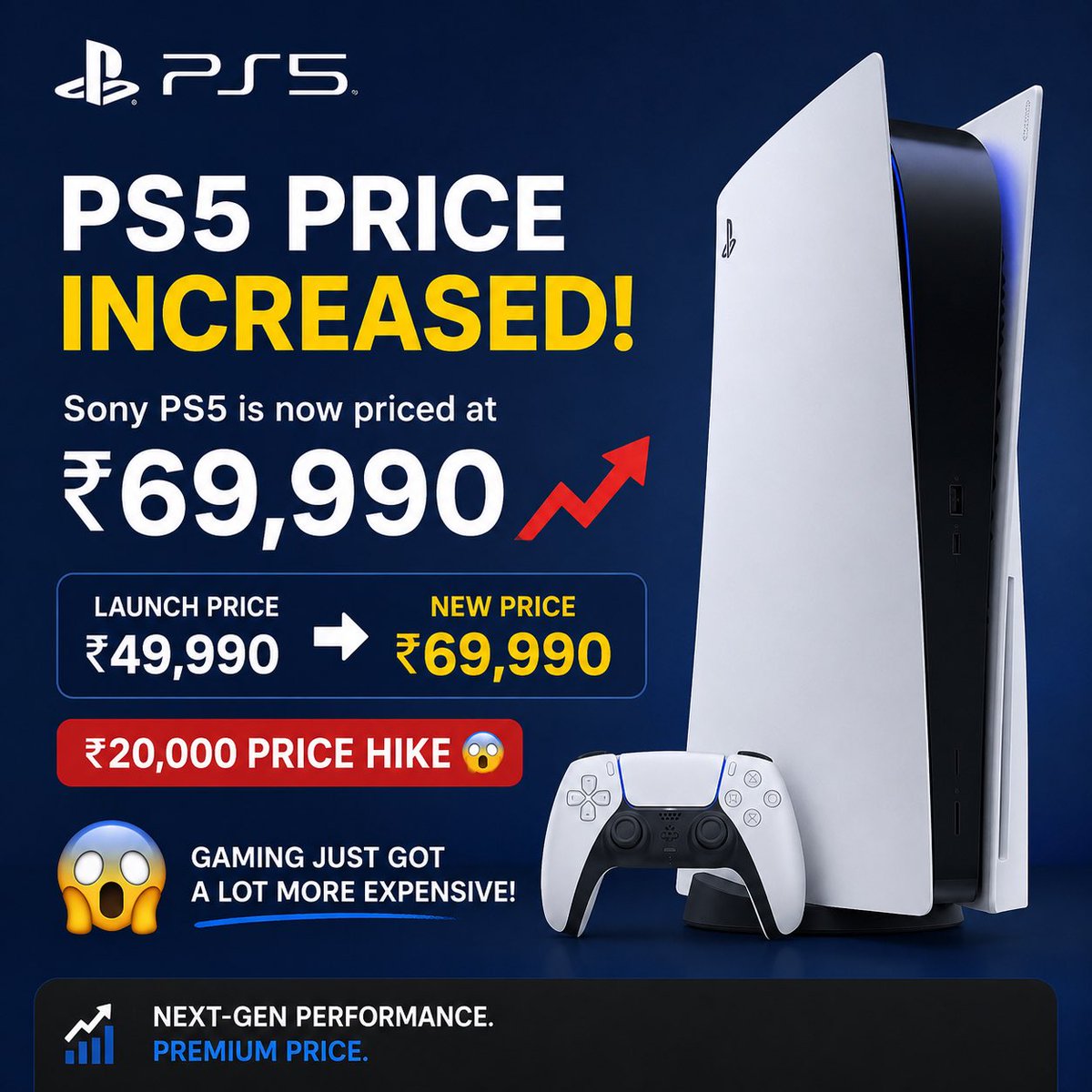 Subhash723's tweet photo. 🚨 The Sony PS5 just got a lot more expensive in India! 😮

💰 Launch Price: ₹49,990
💸 New Price: ₹69,990
📈 That’s a massive ₹20,000 increase!

If you were waiting to buy one, this definitely hurts. 🎮
What do you think—is the PS5 still worth it at this price?
#PS5 https://t.co/Gu8JjyMgob