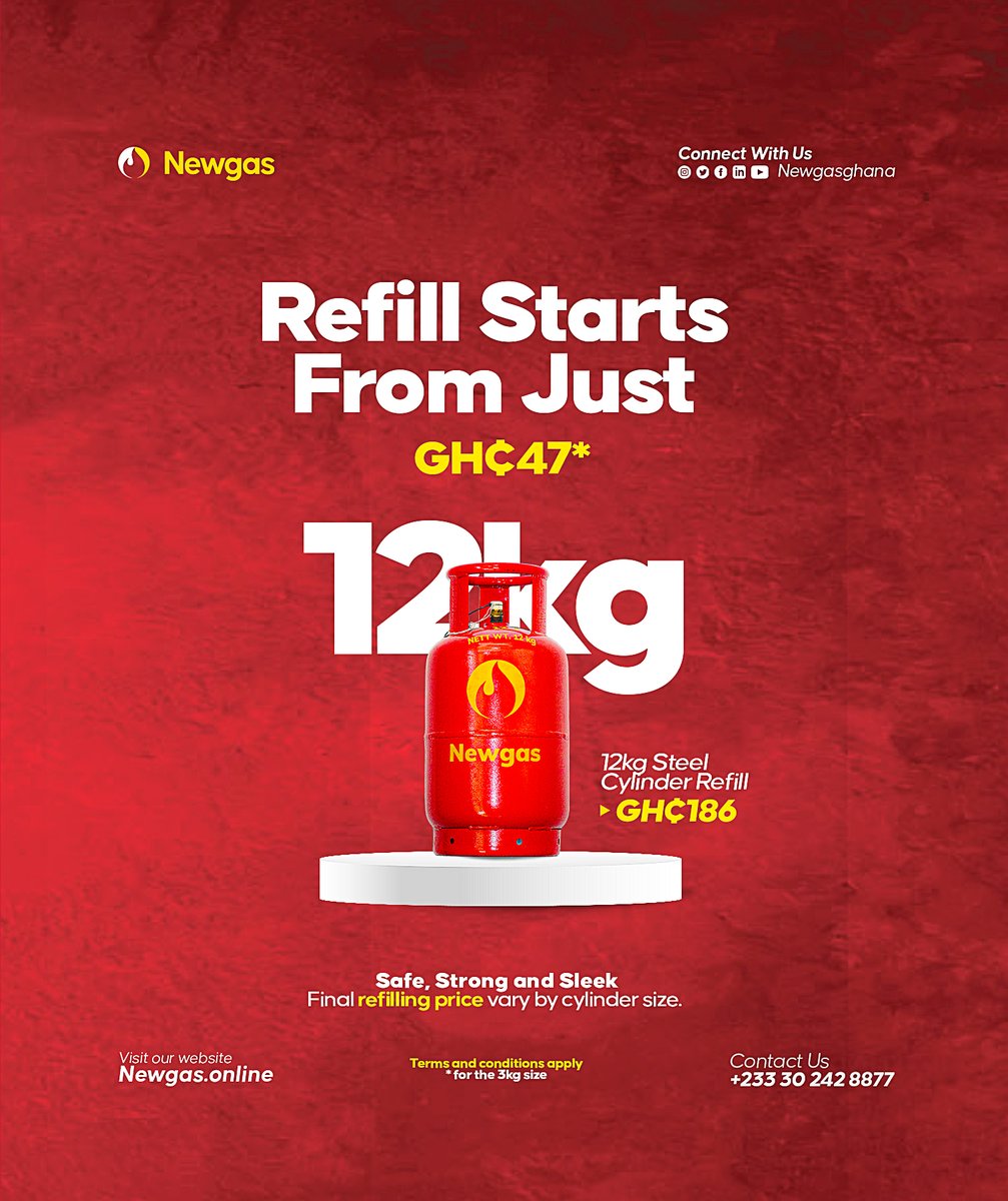 Newgasghana's tweet photo. Good News Alert!!!
You don't have to wait for payday to refill your LPG cylinder.
Starting from just GHS47, Newgas gives you the freedom to top up your cylinder based on your budget, so you're always ready to cook.
#Newgas #LPGSolutions https://t.co/TP8UcYpWSO