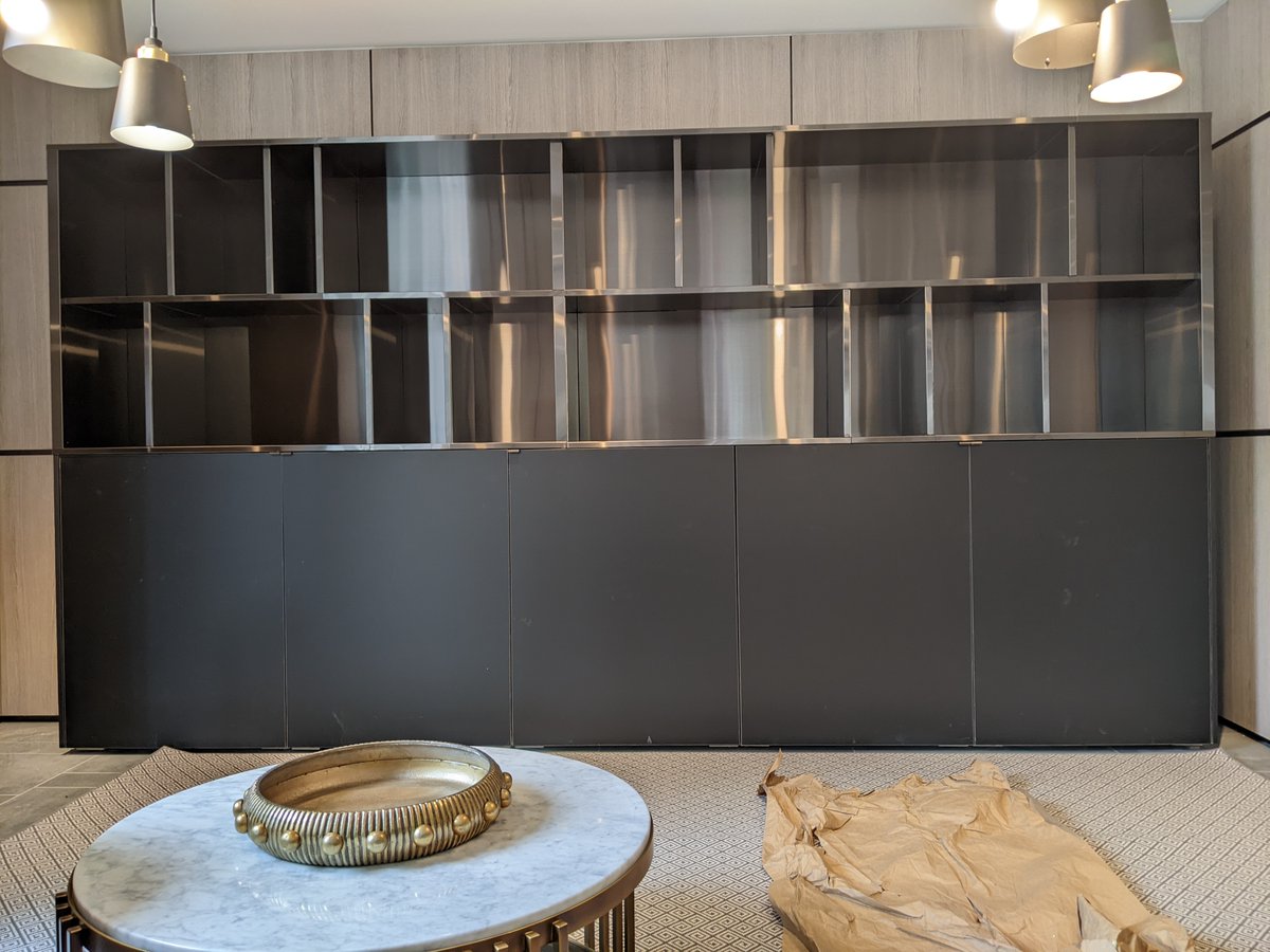 KevinLiphard's tweet photo. Custom metal cladding project. Clad with decorative metal ALL the millwork surfaces. What a pain lol But the team pulled it of. #metalcladding #custommetalworks #candianmade https://t.co/ANDAjxpGF6