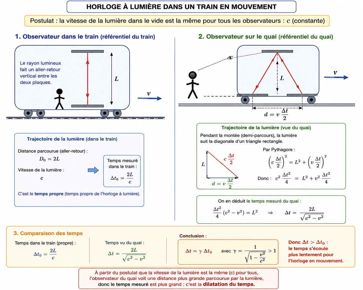 Rektadu78's tweet photo. Regardez la simplicité du truc, il fallait juste partir du postulat que la vitesse de la lumière était invariante peu importe le référentiel (merci chat gpt pour le schema) https://t.co/FUpgs2AMyz