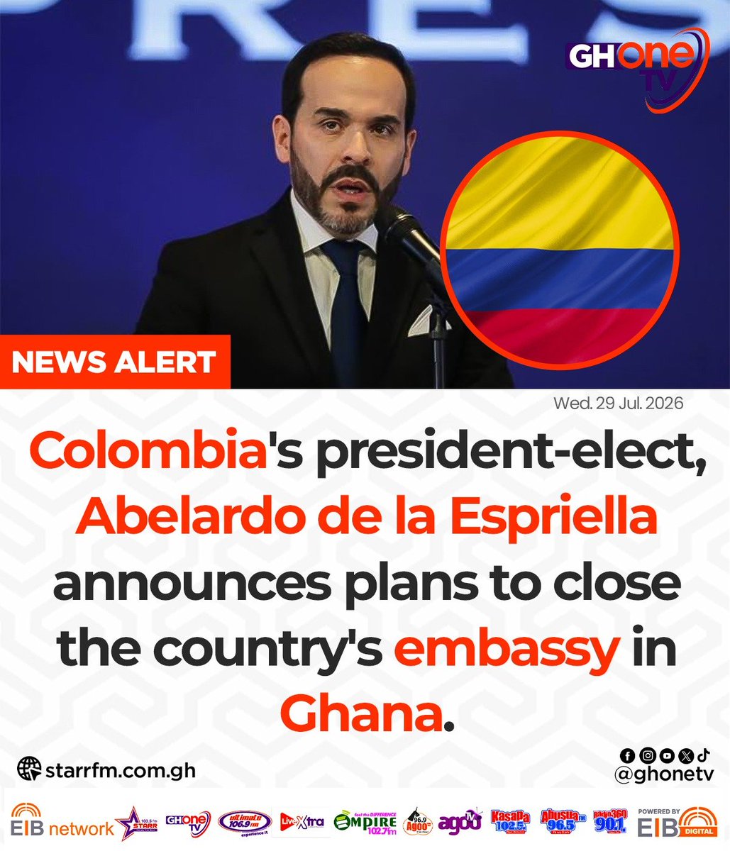 ghonetv's tweet photo. Colombia's president-elect, Abelardo de la Espriella announces plans to close the country's embassy in Ghana...

#GHOneNews #EIBNetwork
#GHOneTV #NewsAlert https://t.co/9wi8zYs6Rw