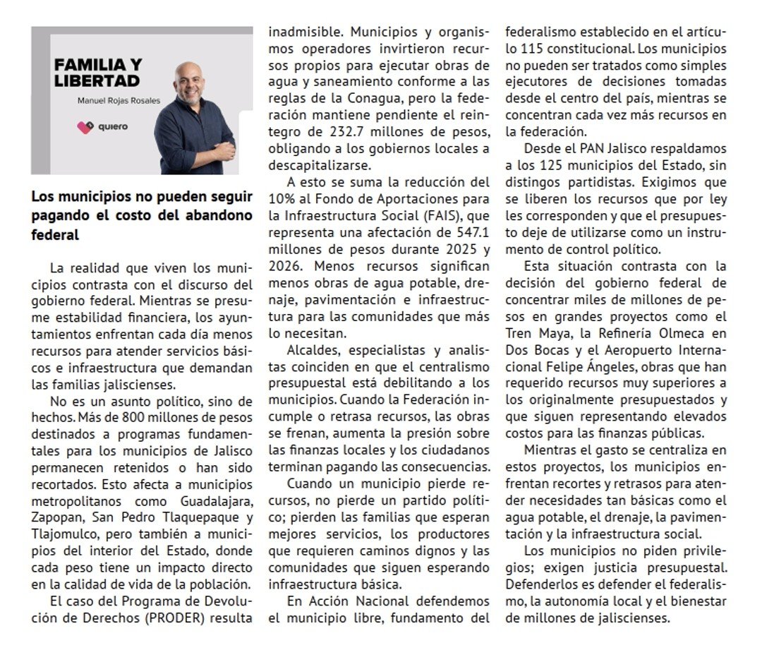 RojasRMA's tweet photo. Te comparto mi opinión publicada en @quierotv_gdl y @antenanoticias. | Los municipios no pueden seguir pagando el costo del abandono federal. #FamiliaYLibertad. https://t.co/E0xN8QGM4B