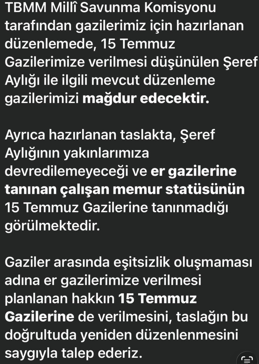 VatanGaziSehitD's tweet photo. TBMM Millî Savunma Komisyonu tarafından gazilerimiz için hazırlanan düzenlemede, 15 Temmuz Gazilerimize verilmesi düşünülen Şeref Aylığı ile ilgili mevcut düzenleme gazilerimizi mağdur edecektir.++ https://t.co/aonalbzvnW