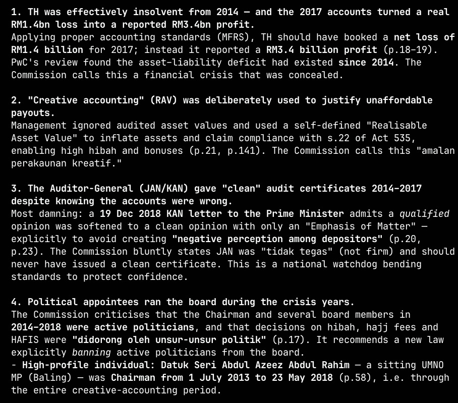 nigelaw's tweet photo. Tabung Haji RCI report is in image format. To spare journos the pain, I converted  252 pages into OCR text. Download at: https://t.co/8RMUDrbY8O

Give to AI to ask Qs. Always fact check. If you find something interesting, ask for page number and compare to the official report. https://t.co/RjwqUa2kYK