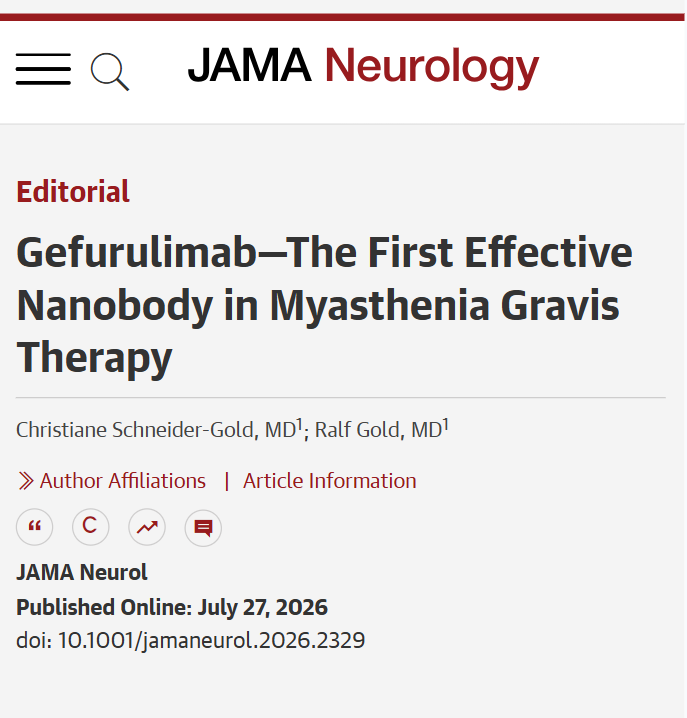 JAMANeuro's tweet photo. 💬 Editorial: In anti–acetylcholine receptor antibody–positive generalized #MyastheniaGravis, gefurulimab improved activities of daily living and quantitative disease scores over 26 weeks. 

https://t.co/T9vqaxTJkU https://t.co/49ku8cUo95