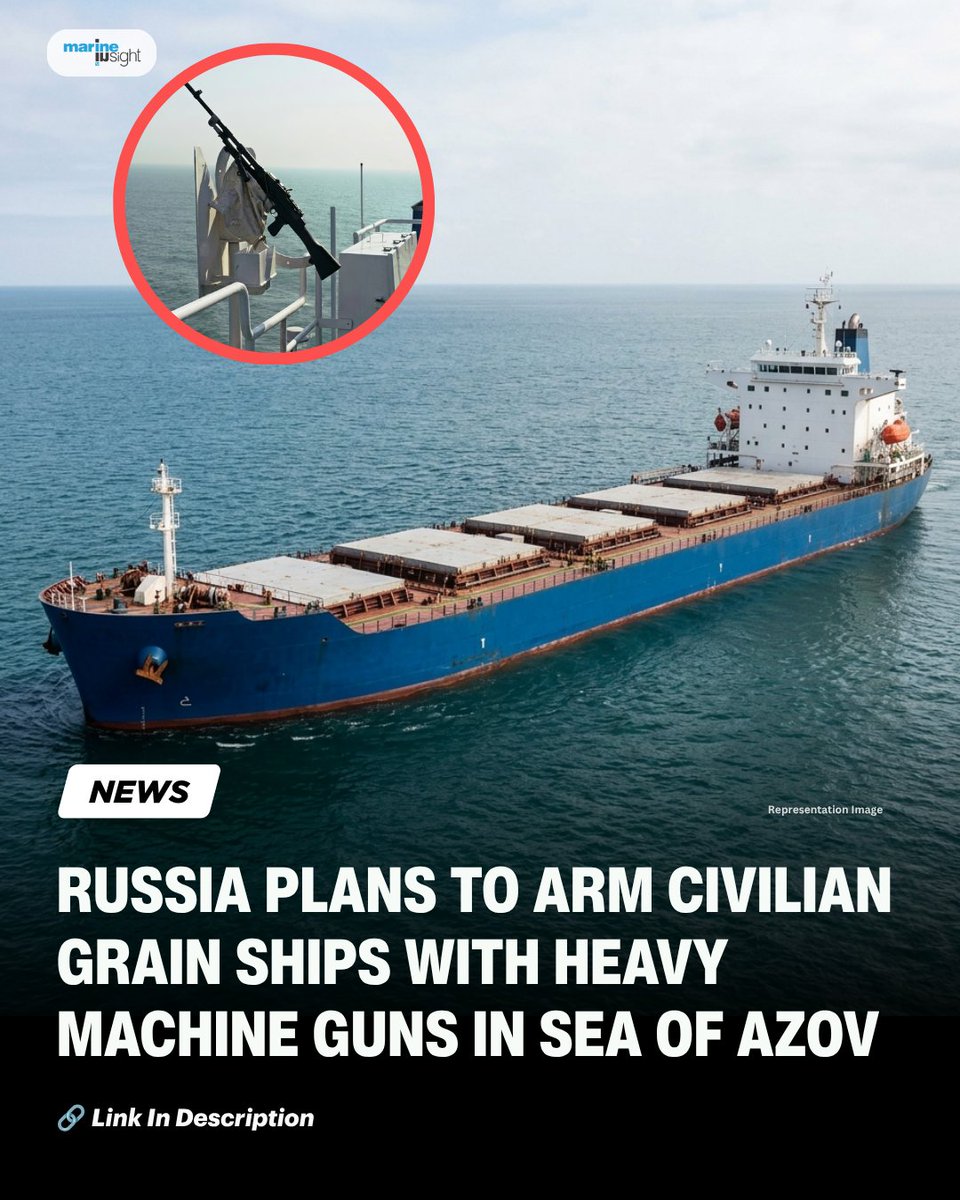 MarineInsight's tweet photo. Russia Plans To Arm Civilian Grain Ships With Heavy Machine Guns In Sea Of Azov
Read Full News Here 👉 https://t.co/HtWFaewaXF
#russia #machinegun #MarineInsight #AzovSea #news #grainship #globaltrade #Seafarers #ShippingIndustry https://t.co/sSSQ7pjzlv
