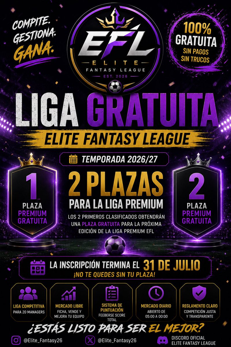 Elite_Fantasy26's tweet photo. 🏆 ¡Inscripciones abiertas!

💎 Liga Premium (20 €)
🆓 Liga Gratuita

📅 Hasta el 31 de julio.
🚀 Inicio: 1 de agosto.

📲 Más información en nuestro Discord.

#Biwenger #laliga #FantasyFootball @biwenger https://t.co/aqGW8Gw2sL