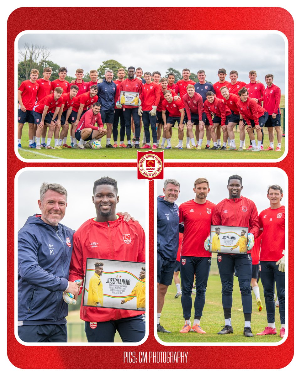 stpatsfc's tweet photo. Joseph Anang was presented with a commemorative frame to mark becoming the first active St Patrick’s Athletic player to be called up to a FIFA World Cup by Goalkeeping Coach Pat Jennings & his team-mates today 🤝👏

🇬🇭 @GhanaBlackstars 

#StPatsFC 🔴⚪️

📸 CM Photography
🖼️ @CopyGraphicsIre
