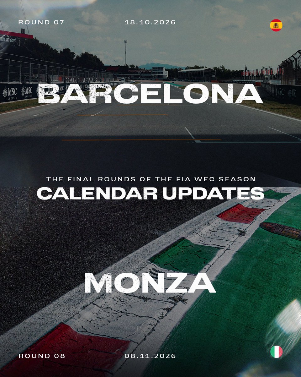 FerrariHypercar's tweet photo. The two final rounds of the 2026 FIA WEC will be hosted at Barcelona and Monza 🇪🇸🇮🇹

#FerrariHypercar #Ferrari499P #WEC #FerrariRaces https://t.co/17HHY1XKEx
