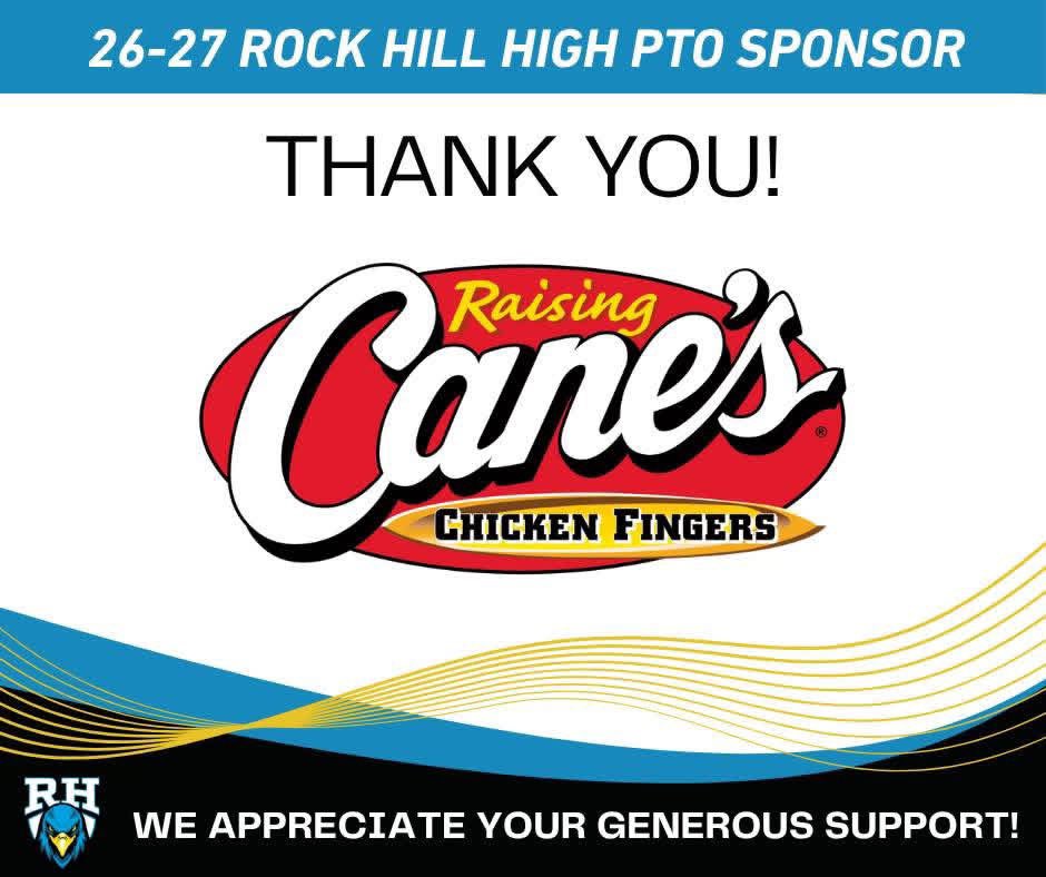 RockHillHS_PTO's tweet photo. A big THANK YOU to our Platinum Sponsor, Raising Cane's at Windsong Ranch! 

Thank you for investing in the Rock Hill community &amp; for being a valued part of the Blue Hawk family.

Be sure to stop by the Windsong Ranch Raising Cane's and thank them for supporting Rock Hill High! https://t.co/nIfn65d21n