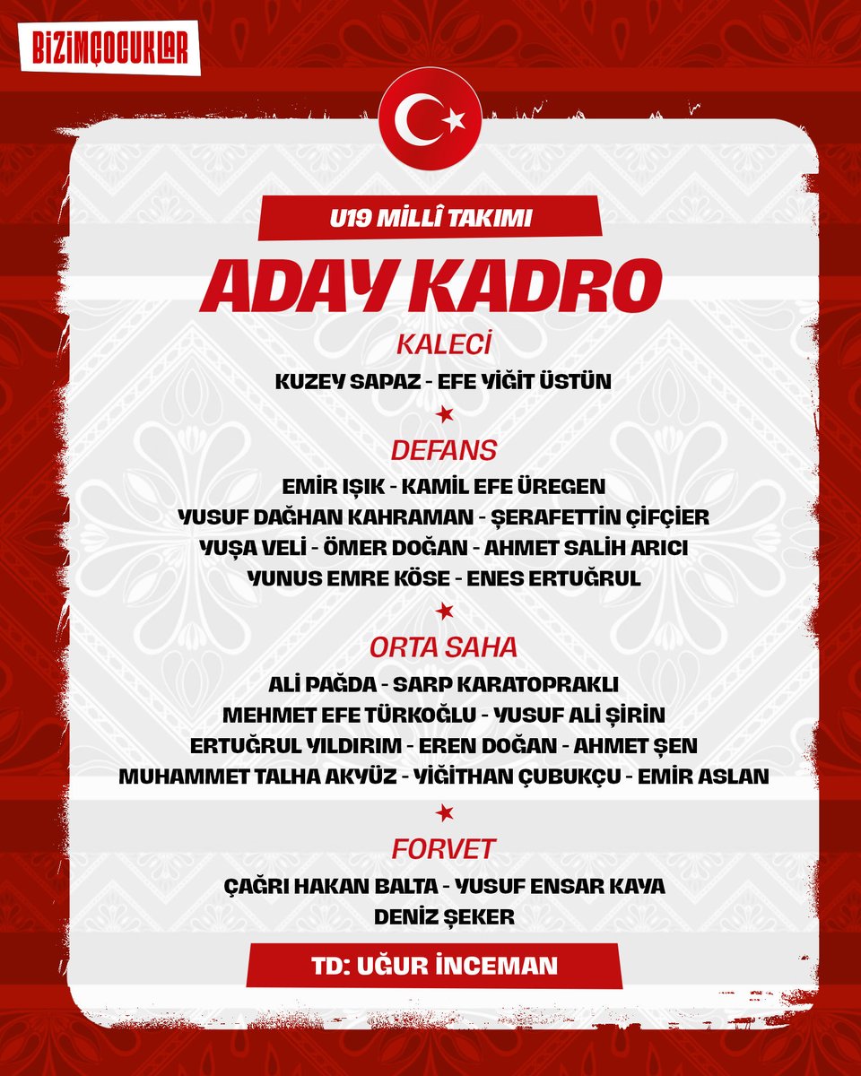 MilliTakimlar's tweet photo. U19 Millî Takımımızın 3-6 Ağustos tarihleri arasında İstanbul'da yapacağı hazırlık kampının aday kadrosu açıklandı. #BizimÇocuklar https://t.co/mIeQYDDGKi