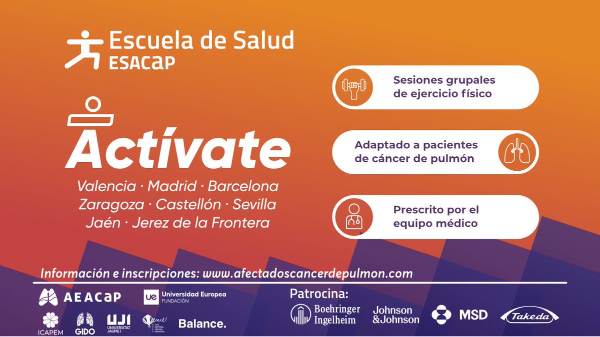 AEACaP's tweet photo. 🔵👟 ‘Actívate’, el programa de ejercicio físico para pacientes con #cáncerdepulmón de @AEACaP, ya está disponible en ocho ciudades:

🔹Madrid
🔹Barcelona
🔹Valencia
🔹Sevilla
🔹Castellón
🔹Zaragoza
🔹Jaen
🔹Jerez de la Frontera

ℹ️ https://t.co/m8lOsaoRVB

#deporte #ejercicio https://t.co/xBhZzMpfPo