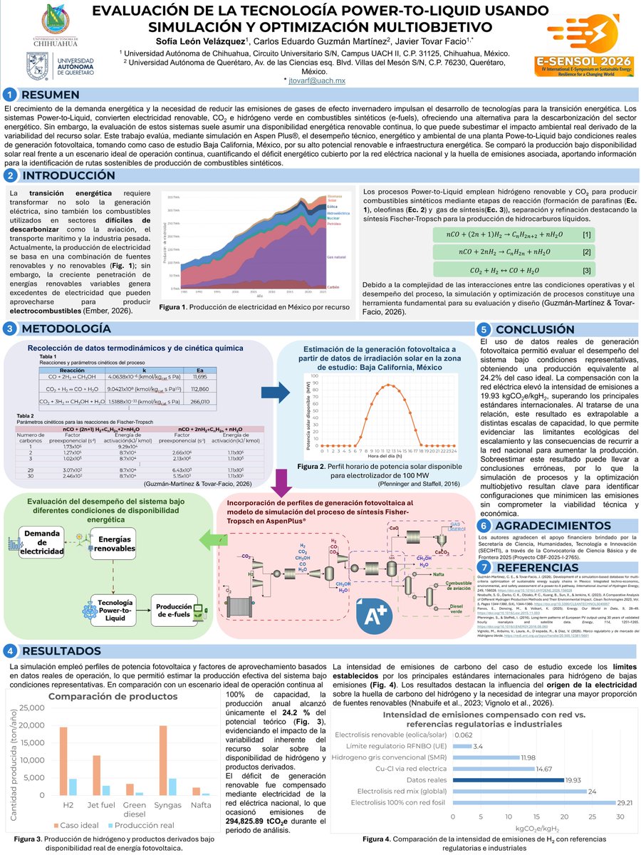 Sofia_LeVela77's tweet photo. Hola! Buen día a todos☀️
Comparto mi póster de investigación sobre la evaluación de la tecnología Power-to-Liquid mediante simulación y optimización multiobjetivo
Gracias por sus comentarios, dudas o sugerencias
#SustainableEnergy #renewableenergies
#renewableenergyisthefuture https://t.co/zEMFz3gMEW