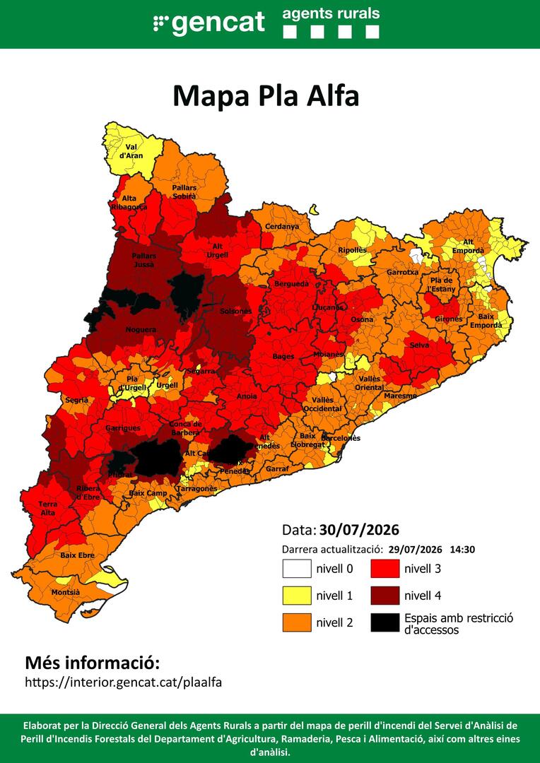 sfadfcat's tweet photo. 🔴Aquest és el mapa del #PlaAlfa d'@agentsruralscat per demà (PREVISIÓ).
   
📍Consulta el mapa per conèixer quin nivell hi ha activat al teu municipi o a la teva comarca⤵️ 

#somADF #somterritori #adfcat https://t.co/TzbMXNeATv