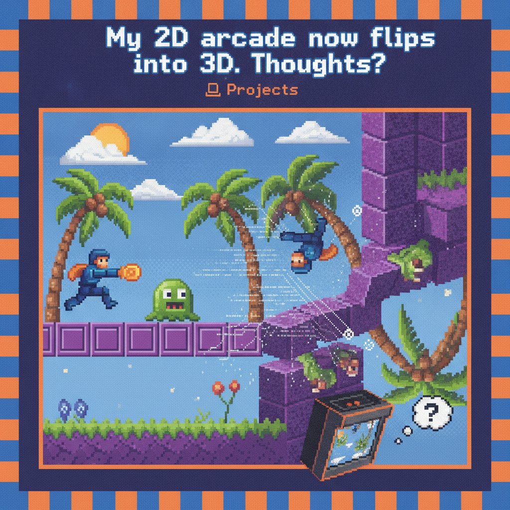 PlatoEvolved's tweet photo. My 2D arcade game just got a massive upgrade: a 2D-to-3D flip mechanic! 🤯 Imagine playing in 2D, then BAM – a whole new dimension of action. What do you think of this?

https://t.co/4SyRp5gnSc

By Damian https://t.co/KdMewOsKBp