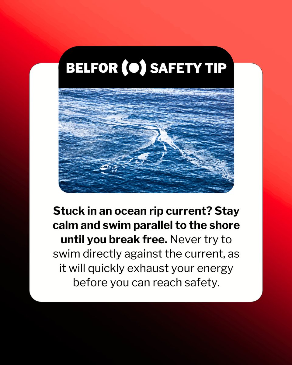 BELFORGroup's tweet photo. Another quick BELFOR tip since it’s prime beach vacation time!  🏖️ If you ever get caught in a rip current, don't panic. Swim parallel to the shore until you're out of the pull instead of trying to swim straight back to land.

Stay safe and have a fun summer!  ☀️🏊‍♂️🏄‍♀️

#RipCurrent #SafetyTip #BeachSafety #BELFOR #StaySafe #SummerFun