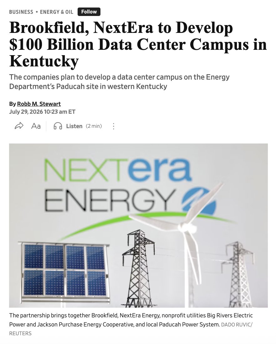 MrDataCenters's tweet photo. A Cold War uranium enrichment facility in Paducah, Kentucky just became the site of a $100 billion AI data center campus.

Brookfield and NextEra Energy, alongside Big Rivers Electric, Jackson Purchase Energy Cooperative, and Paducah Power System, are transforming part of the DOE's former Paducah Gaseous Diffusion Plant into one of the largest AI infrastructure projects in US history. 

At full buildout in 2032, the campus targets 1.8 GW of utility capacity, 1.2 GW of compute capacity, and up to 4.6 GW of dedicated generation resources built and paid for specifically for the project.

The key details worth noting:

→ Data center power infrastructure costs will not be passed on to existing residential or small-business electricity customers

→ 2 GW of natural gas-fired generation and 2.6 GW of battery storage, all privately funded

→ DOE selected Brookfield following a competitive November 2025 Request for Offers, and separately selected NextEra to build the dedicated generation resources

The ratepayer protection piece is the part the industry needs to replicate everywhere. One of the most consistent concerns in markets from Maine to Virginia has been that data center growth shifts electricity costs onto residential customers.

This project was structured from the ground up to address that directly, and it shows what the development model looks like when the community equation gets taken seriously before the approvals happen.