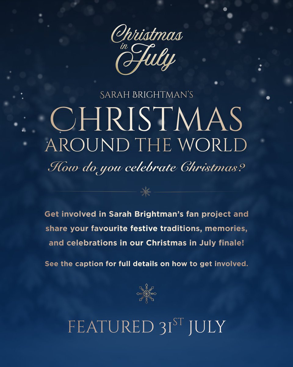 SarahBrightman's tweet photo. Christmas Around the World with Sarah's Fans ✨

As Christmas in July draws to a close, Sarah Brightman invites fans from around the world to share the traditions, memories and celebrations that make Christmas so special. https://t.co/I0iJNnQo8W