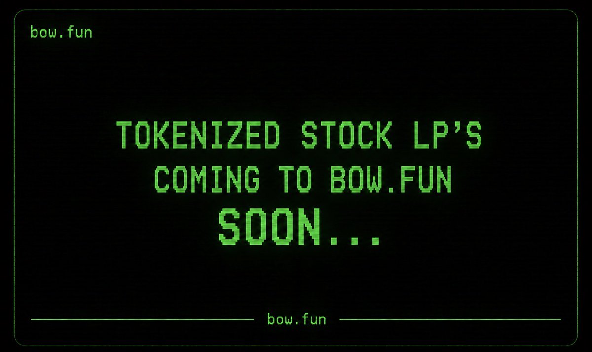 bowdotfun's tweet photo. Stocks are coming to https://t.co/HQ3OHBgXu7.

Soon you’ll be able to create liquidity pools paired with tokenized stocks like AAPL, TSLA, NVDA, and more.

Trade memes against real world assets, and unlock new onchain strategies, all with 24/7 liquidity soon on https://t.co/HQ3OHBgXu7 🏹