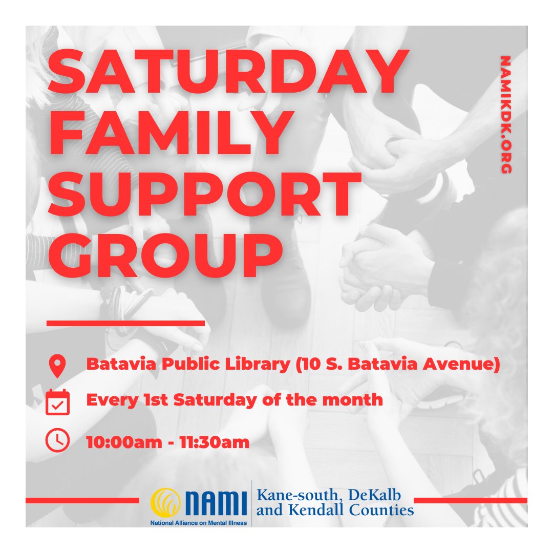 NAMIKDK's tweet photo. Join us Saturday for our Family Support Group in Batavia. Every 1st Saturday at the Batavia Library, 10 S. Batavia Ave., 10-11:30am! Register: https://t.co/KLEzpDvi93
Donate: https://t.co/5t9tlcAxOU
#NAMIKDK #YouAreNotAlone #MentalHealthMatters #FamilySupportGroup #Batavia https://t.co/XrG2WGqbCY