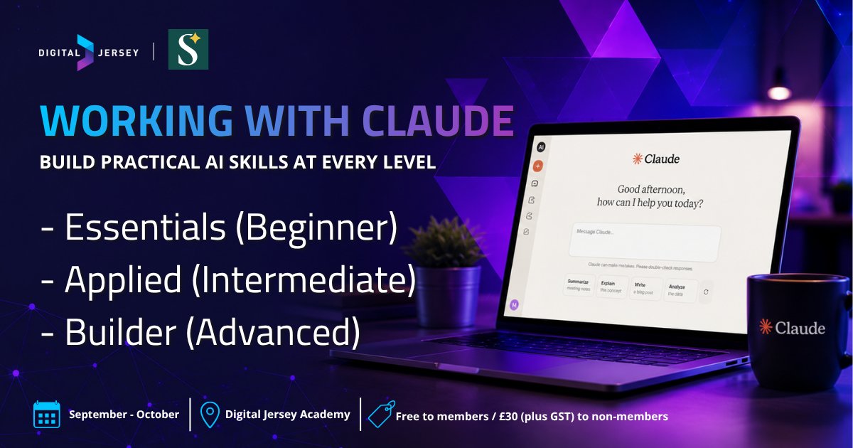 DigitalJersey's tweet photo. Ready to get more from Claude?

Our new Working with Claude courses are designed for every experience level, helping you use AI more effectively in your day-to-day work.

💷 Free for members / £30 + GST for non-members
https://t.co/GdFwihDQME https://t.co/d6alSOEjA9
