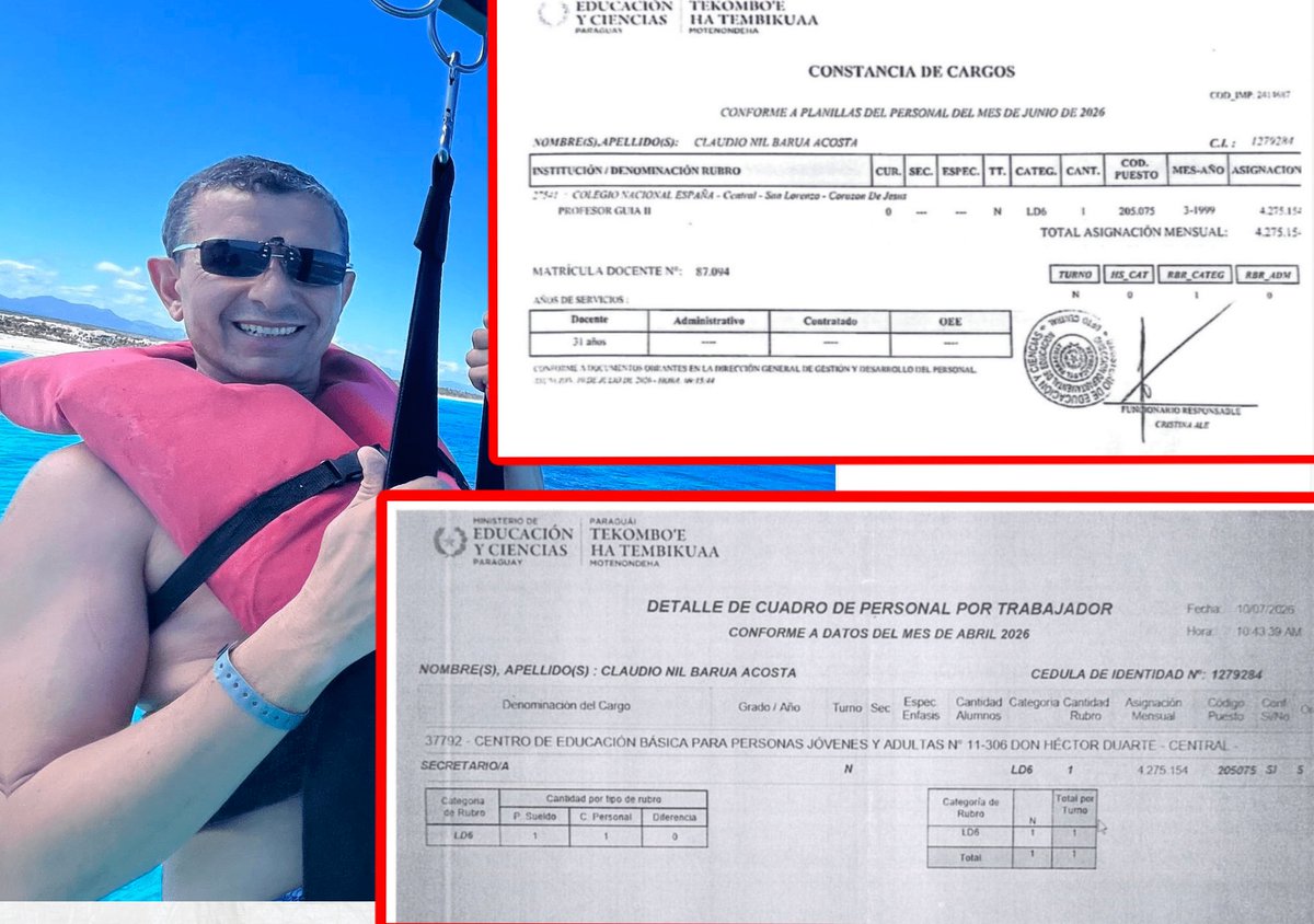 CuartoPoder_Py's tweet photo. 🔴EL MILAGRO DEL DOCENTE OMNIPRESENTE: TRES LUGARES AL MISMO TIEMPO Y UN SUELDO DE MÁS DE 43 MILLONES DE GUARANÍES
Vía @canal_e_py

◾Documentos oficiales acaban de exponer que en el sistema educativo público un funcionario capaz de desafiar la física y la lógica de los horarios. Se trata de Claudio Nil Barúa Acosta, actual vicedecano de la Facultad Politécnica de la Universidad Nacional de Asunción (UNA), quien logra acumular simultáneamente múltiples rubros y puestos de enseñanza en distintas instituciones, alcanzando una remuneración mensual que supera los 43 millones de guaraníes provenientes del dinero público.

◾El expediente de cargos deja al descubierto una maraña de funciones donde las horas del día simplemente no encajan. En la cúspide de su agenda, Barúa Acosta ejerce como autoridad y docente en la Facultad Politécnica; a la par, imparte cátedras en la Facultad de Ingeniería de la @una_py en asignaturas como Mecatrónica, Electrónica y Programación; y para completar la jornada, aparece contratado por el Ministerio de Educación y Ciencias (@MECpy) como profesor guía en el Colegio Nacional España de San Lorenzo, donde percibe más de 4,2 millones de guaraníes al mes.

◾El aspecto más alarmante de la denuncia no radica únicamente en la abultada cifra que percibe del Estado, sino en la evidente superposición horaria. Las planillas oficiales demuestran que en las mismas franjas horarias en las que debería estar orientando a estudiantes de secundaria o realizando tareas de soporte técnico e informática en el colegio, también figura dando clases universitarias.

◾Por si fuera poco, la investigación añade un ingrediente aún más escandaloso: el centro de educación de adultos donde también figura cobrando un rubro docente bajo la categoría LD6 estaría completamente cerrado. De confirmarse este hecho, la situación dejaría en evidencia una falla colosal en los mecanismos de fiscalización estatal: ¿quién firma las planillas de asistencia, quién audita el trabajo en aula y por qué se sigue pagando un salario con fondos del Tesoro en un establecimiento sin actividad?

◾El caso vuelve a poner bajo la lupa un vicio persistente en la función pública: la falta de cruce de datos entre el Ministerio de Educación y la Universidad Nacional de Asunción. Mientras miles de educadores e investigadores aguardan años por un rubro digno, este tipo de irregularidades vulnera la transparencia del sistema sin que los organismos de control adviertan la incompatibilidad. Ahora, la pelota está en el campo de la UNA, del MEC y del propio involucrado, quienes deberán presentar las planillas de asistencia y los registros oficiales que expliquen lo que, hasta hoy, parece un milagro imposible de justificar.
@contraloriapy @mef_paraguay @minpublicopy