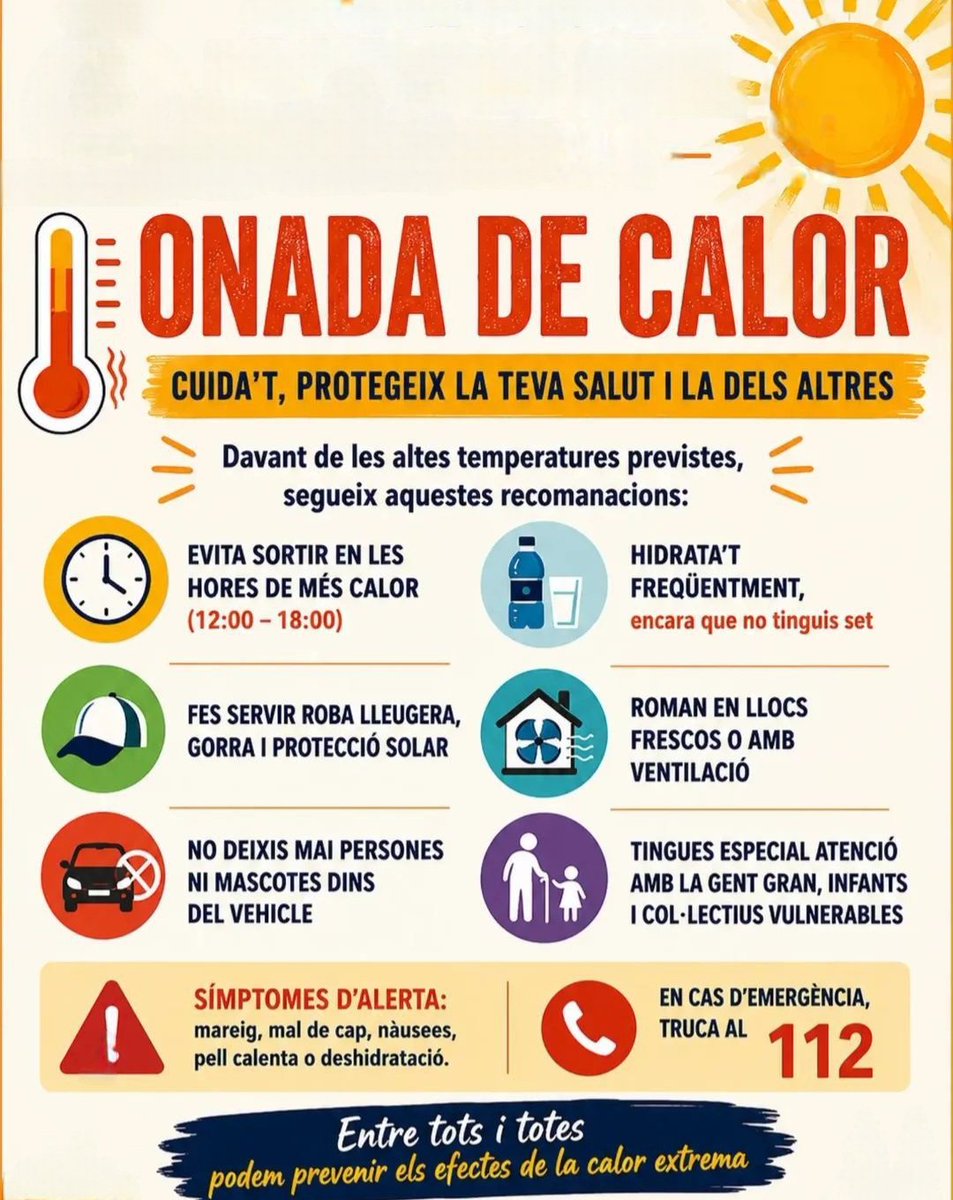AvpcVilafant's tweet photo. Davant les altes temperatures, és important protegir-nos i cuidar també les persones més vulnerables.

☀️ Evita sortir entre 12 h i 18 h

📞 En cas d’emergència: 112
@AjVilafant
@semgencat https://t.co/xt86Bjv3nd