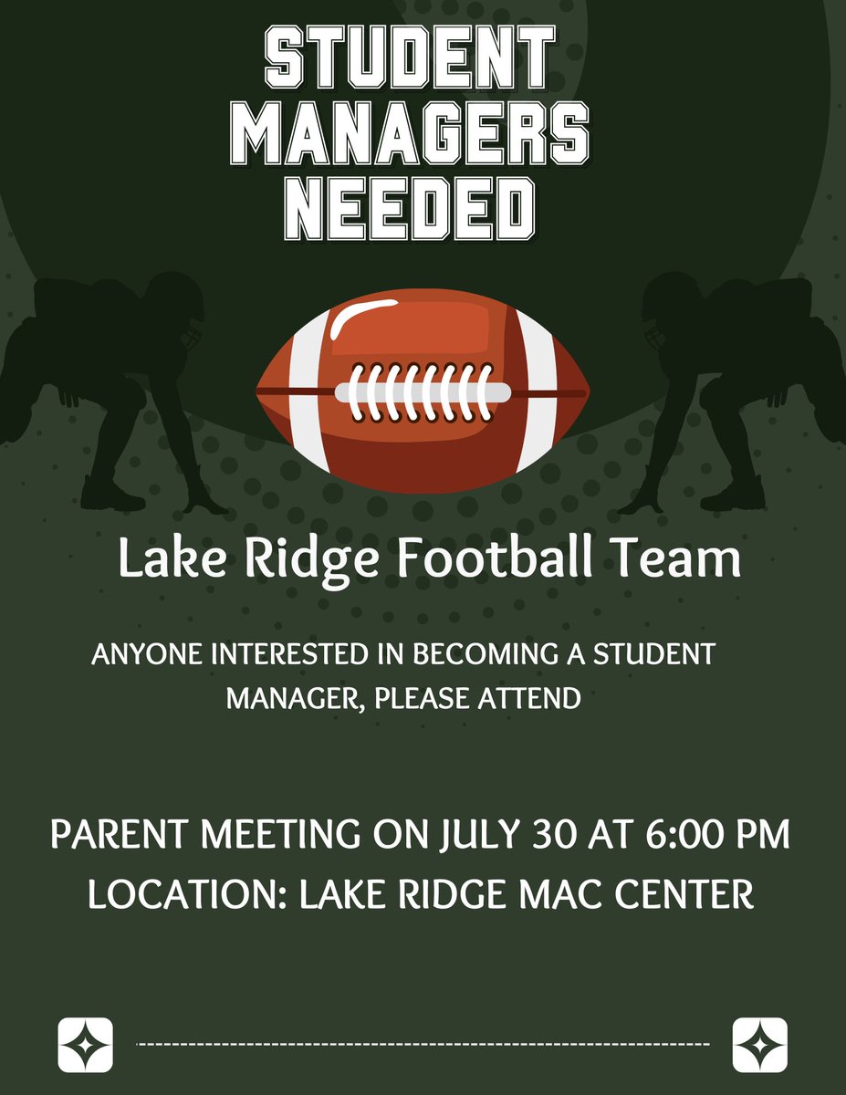 MISDathletics's tweet photo. Lake Ridge Students, check out this opportunity to be part of @LakeRidgeFB ! https://t.co/WleQR2H6pK