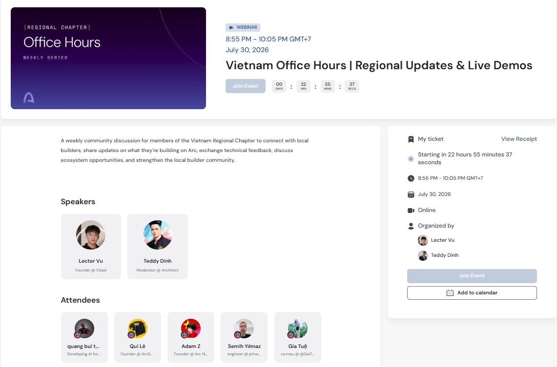 Linhlinh2995's tweet photo. Vietnam Office Hours sắp diễn ra trên @Arc

Thời gian: 20:55 – 22:05 GMT+7, Thứ Năm, 30/07/2026.

Đây là dịp để cộng đồng Vietnam Regional Chapter cập nhật những thông tin mới, lắng nghe các builder chia sẻ về sản phẩm đang xây dựng trên Arc và theo dõi các live demo.

Nếu bạn đang quan tâm hoặc xây dựng trên Arc, đừng bỏ lỡ buổi này nhé 💙 !

Đăng kí tại : https://t.co/QgrqjOfbMx