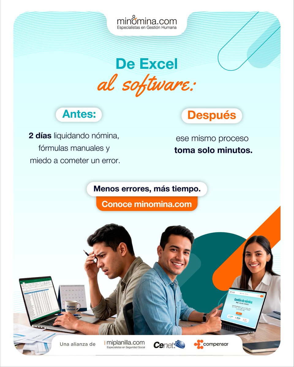 Minomina01's tweet photo. 📊 De Excel al software: así cambia una PYME.
Antes, liquidar la nómina tomaba hasta 2 días. Hoy, solo minutos.⏱️
Menos errores, más tiempo para tu equipo.
👉 Conoce https://t.co/rrrRWyc2oL y ahorra tiempo en cada proceso.
#Nómina #PYMES #TransformaciónDigital #Colombia #minomina https://t.co/iZ8dkMl7Te