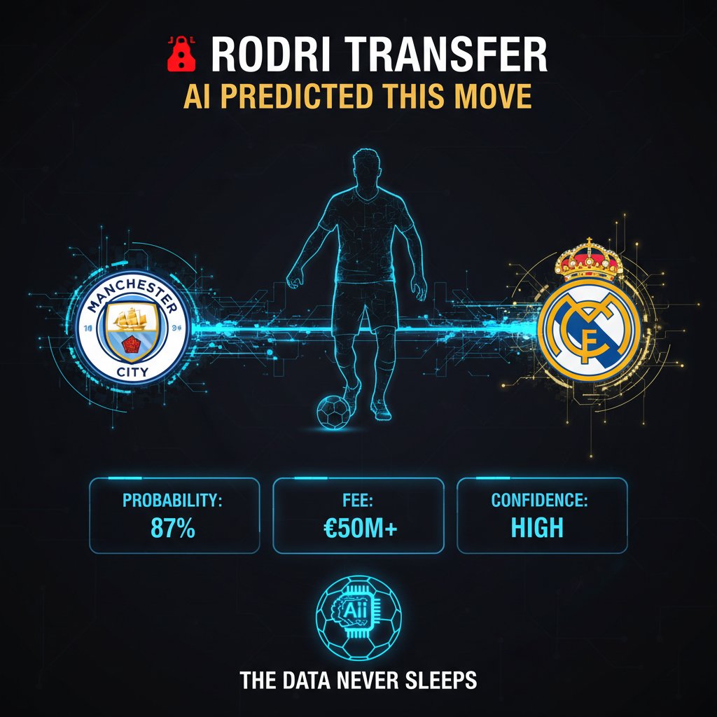 FootballAIHQ's tweet photo. 🚨BREAKING: Real Madrid has officially approached Man City for Rodri.
A €50M+ deal could reshape the Spanish giants.
But what if AI had predicted this move weeks ago?
The data never sleeps.The transfers are getting smarter.🤖
#Rodri #RealMadrid #ManCity #TransferNews #FootballAI https://t.co/btAuCuNv6J