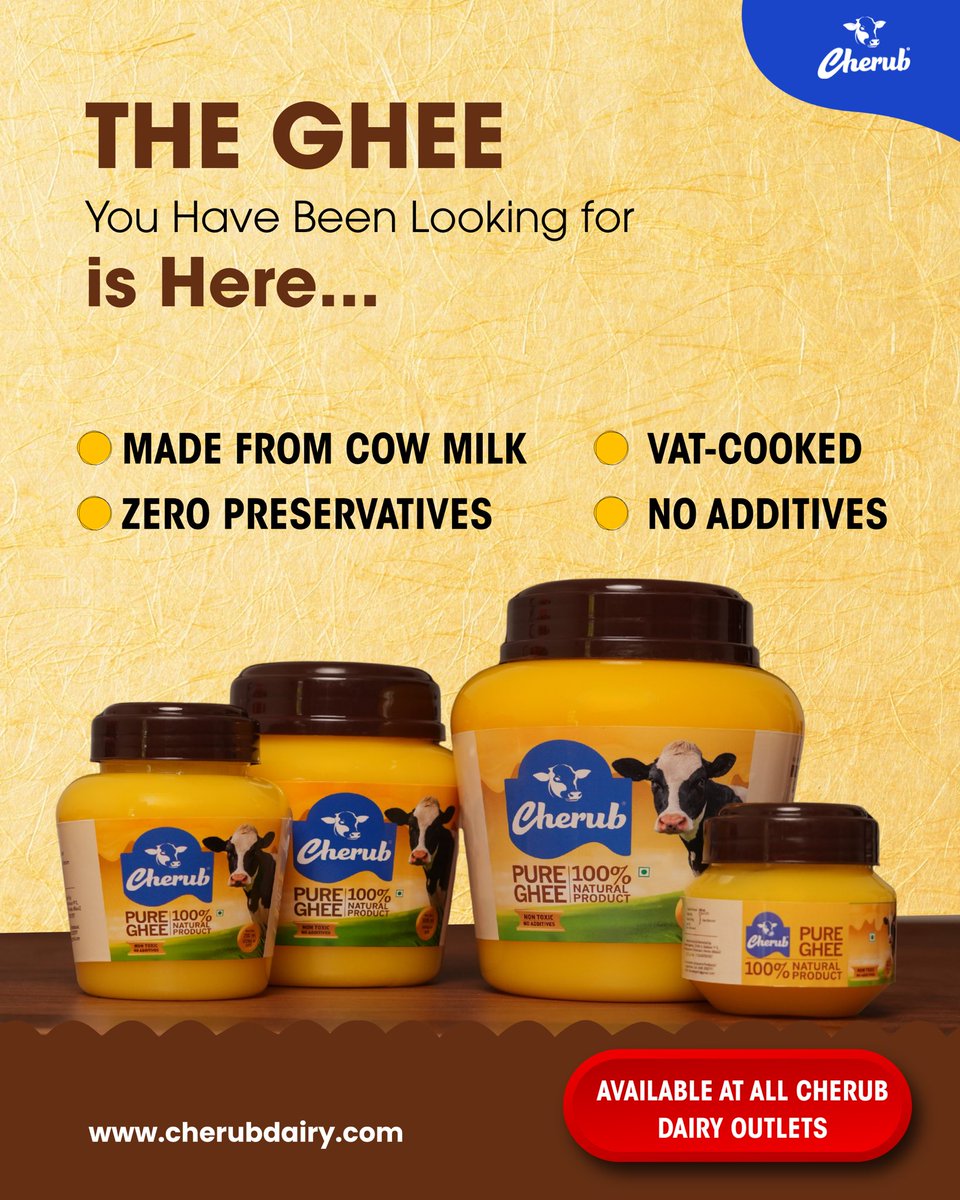 cherubdairy's tweet photo. Experience the rich taste of purity with Cherub Pure Ghee—made from cow’s milk, traditionally VAT-cooked, and free from preservatives and additives. Bring home the authentic aroma and goodness of 100% natural ghee for every meal. Available at all Cherub Dairy outlets. #foodie https://t.co/FDmvnUwWrj