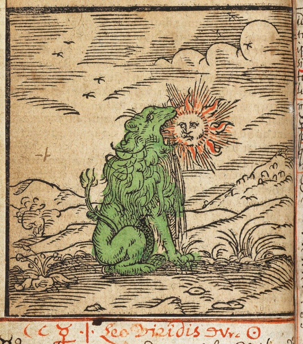 vintagestuff4's tweet photo. Green Lion devouring the Sun

What you see is a classic alchemical symbol.
The green lion represents the strong solvent, the Sun represents gold, and together they symbolize the dissolution of gold. https://t.co/MJLTikJ0wK