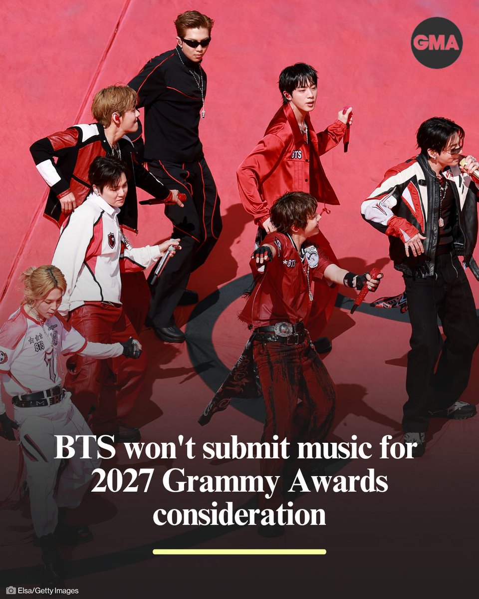 GMA's tweet photo. South Korean K-pop supergroup BTS announced they will not submit music for consideration in the 2027 Grammy Awards.
 
Read more: https://t.co/i9itJrwZFP https://t.co/5SjX3hHu8g