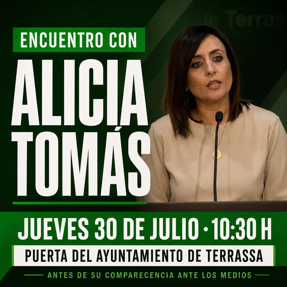 VoxTerrassa's tweet photo. Mañana jueves, antes de su comparecencia ante los medios, estaremos junto a Alicia Tomás.

Quienes queráis saludarla y mostrarle vuestro apoyo, os esperamos a las 10:30 h en la puerta del Ayuntamiento de Terrassa.

¡Gracias a todos!

#Alicia2027
#LaTerrassaDeAlicia https://t.co/ax3pccySLw