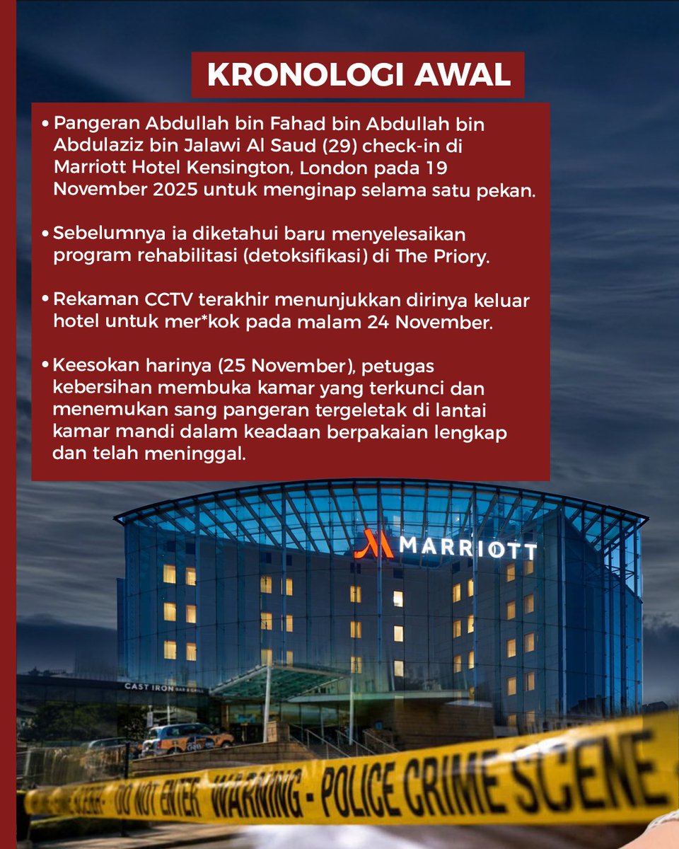 tvOneNews's tweet photo. Sosok Pangeran Arab Saudi Abdullah bin Fahad bin Abdullah bin Abdulaziz bin Jalawi Al Saud sempat menjadi sorotan setelah ditemukan meninggal dunia di kamar hotel mewah di London pada November 2025. 

#PhotoStory #StoryOne #PangeranArabSaudi #Viral #PS01 https://t.co/fLYyIZaaoS