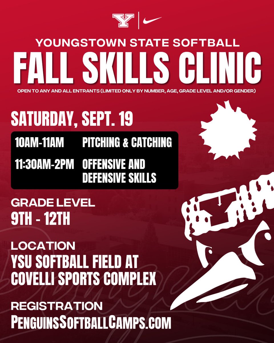 YSUSoftball's tweet photo. Planning your camp schedule???

Join us for our Fall Skills Clinic on Saturday, September 19th 🥎🐧 

Use the link posted above to register!
#GoGuins https://t.co/f90cUvqzgU