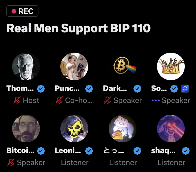Cryptolution's tweet photo. It's true. @LeonidasNFT had been requesting to come on stage for nearly an hour.

The irony is that the Space was titled “Real Men Support BIP-110,” yet they couldn't bring themselves to have a live debate with someone who disagrees.

One other observation: I've noticed many of the BIP-110 reply accounts have suddenly disappeared. A number of these accounts appeared to have been created between 2023–2025, remained largely dormant, and then became highly active as BIP-110 reply accounts.

Now, much of that apparent activity seems to have shifted toward YouTube. Very sus.