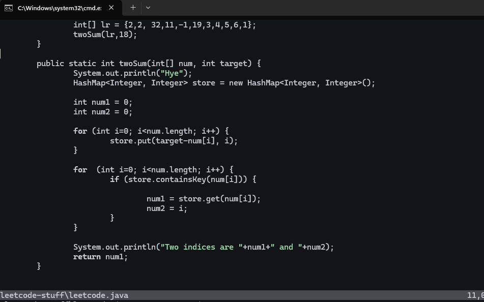 therealgunroar's tweet photo. Practicing Java by doing leetcode stuff in the language (yes, I use neovim now, command line programming>>).

Got it to O(n). https://t.co/YL9z7cfOhi