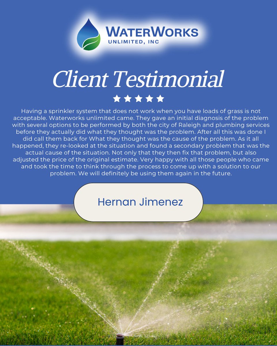 Waterworksunltd's tweet photo. Thank you, Hernan, for trusting our honest diagnostics and repairs. We work hard to get every sprinkler system running right. #raleighnc #sprinklerrepair https://t.co/vraH4ORGIu